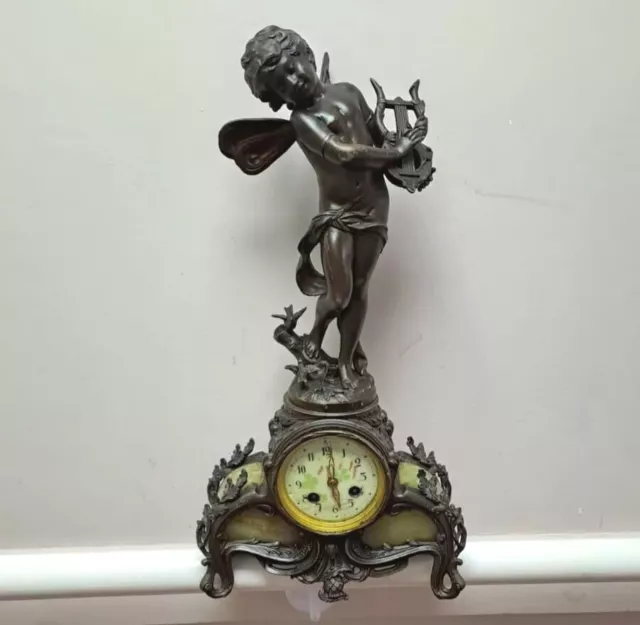 Antique French 19th Century Moreau Bronze & Onyx Mantle Clock Figure Harp Cherub