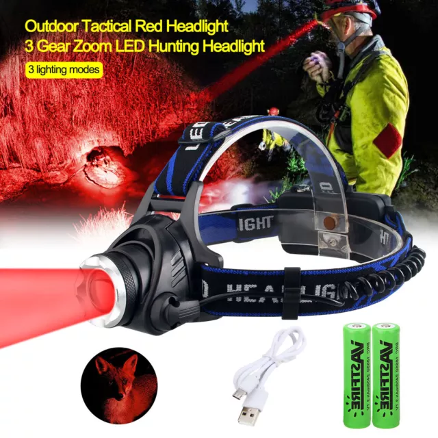 Zoomable Red LED Headlamp Rechargeable Headlight head light Torch Flashlight