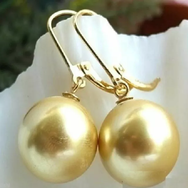 Fashion round shell pearl 14k yellow gold Handmade earrings Wedding