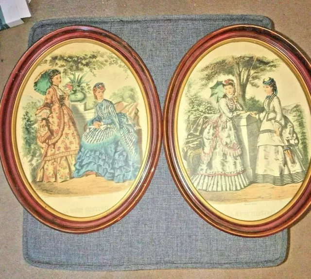 Vintage Oval Framed Victorian French Fashion Prints La Mode Illustree' Pair of 2