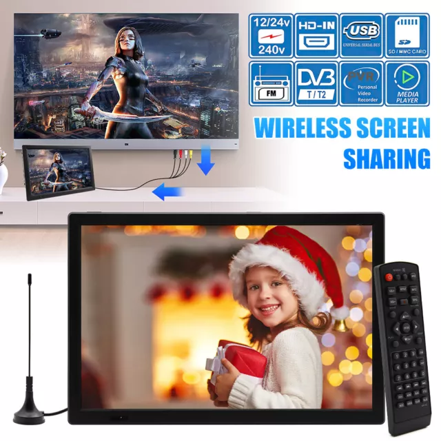 15.4" Portable 1080P Ultra-HD TV Freeview HDMI Digital Television Player 12V