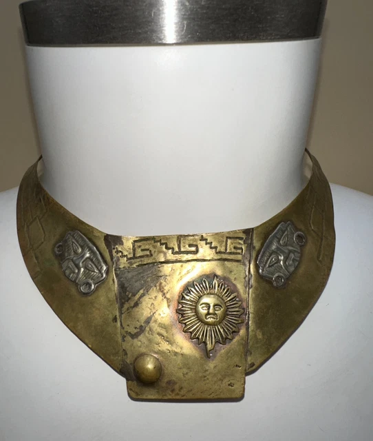 Collier Ancien Mexicain - Pendentif Cuivre Et Laiton Argenté - Occasion Bon état