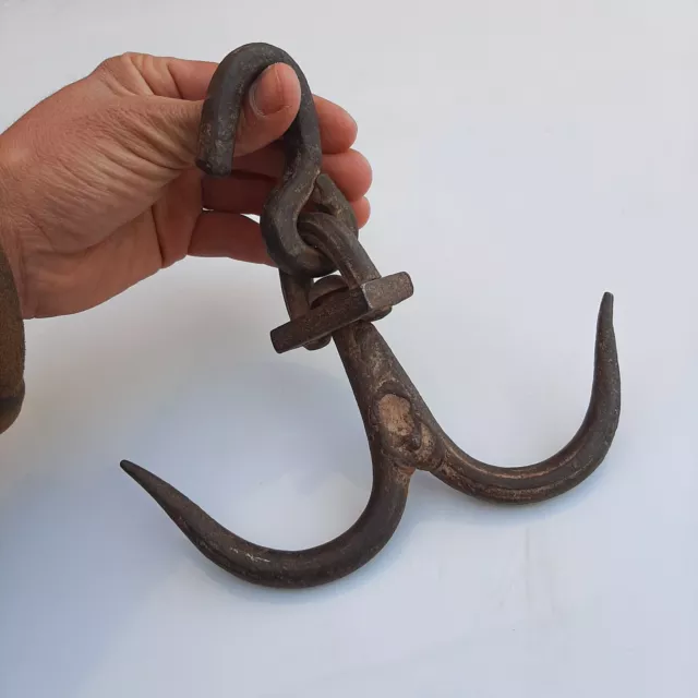 Antique 19th C Hand Forged WROUGHT Iron Hook HANGER Hammered Hanging double pong