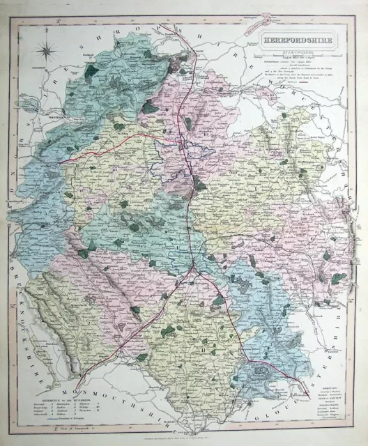 HEREFORDSHIRE, WALKER, railways, original hand coloured antique map 1858