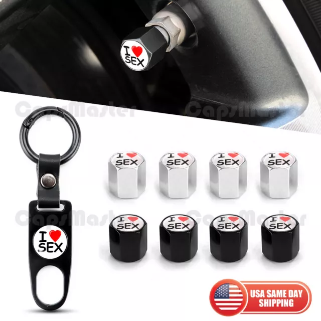 Car Wheels Tire Valve Dust Stem Air Cap + Keychain I Love Sex Funny Logo Gift