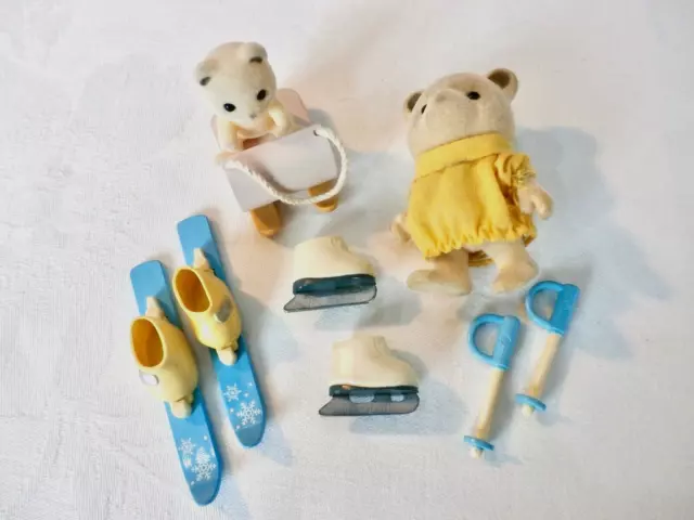 Sylvanian Families Snow Winter Fun Set Skates Skis Sled Set 2 Figures Used As Is