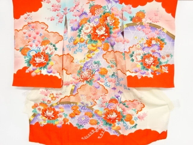 37904# Japanese Kimono / Antique Kimono For Girls / Embroidery / Fence & Flo