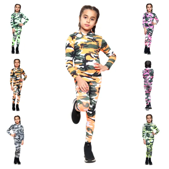 Girls Tracksuit Camouflage Hoodie Top Long Sleeves & Full Length Legging Outfits