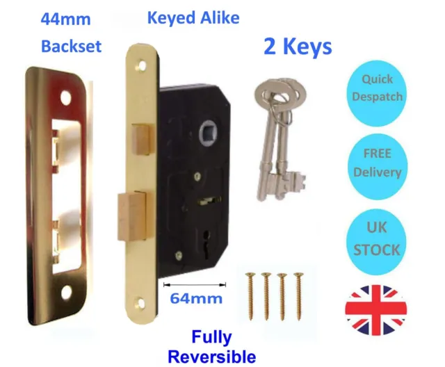 Internal Locking Door Handle Set Brass Finish +64mm 3 Lever Sash Lock +2 keys 3