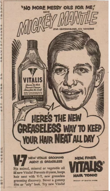 1960's Mickey Mantle Baseball Yankees Vitalis Hair Tonic Newspaper Print Ad