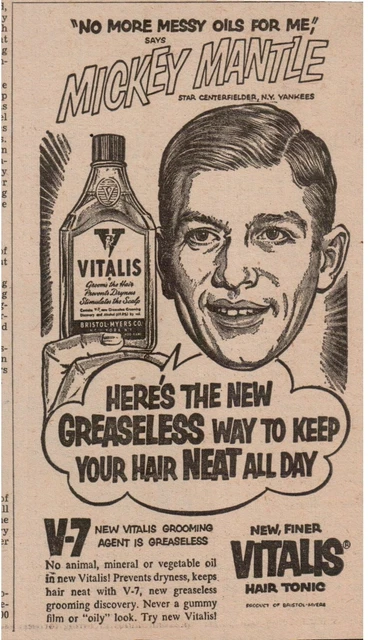 1960's Mickey Mantle Baseball Yankees Vitalis Hair Tonic Newspaper Print Ad
