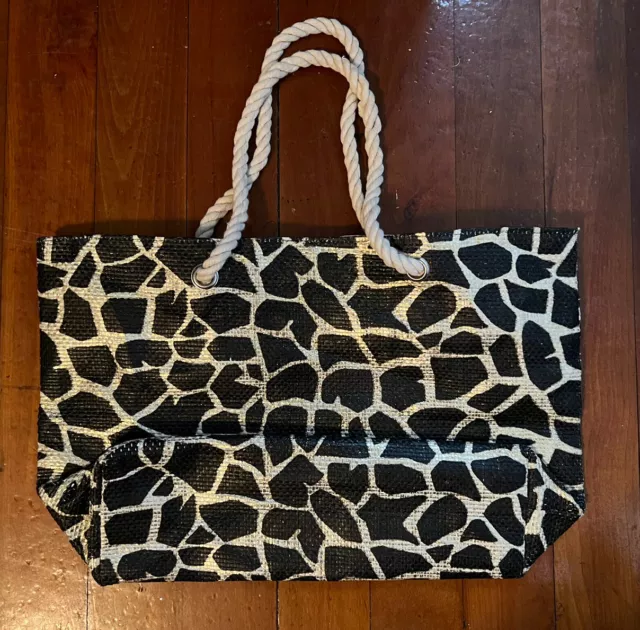 Women's Large Paper Straw Tote Bag Rope Handle Black Gold Chic Vegan Metallic