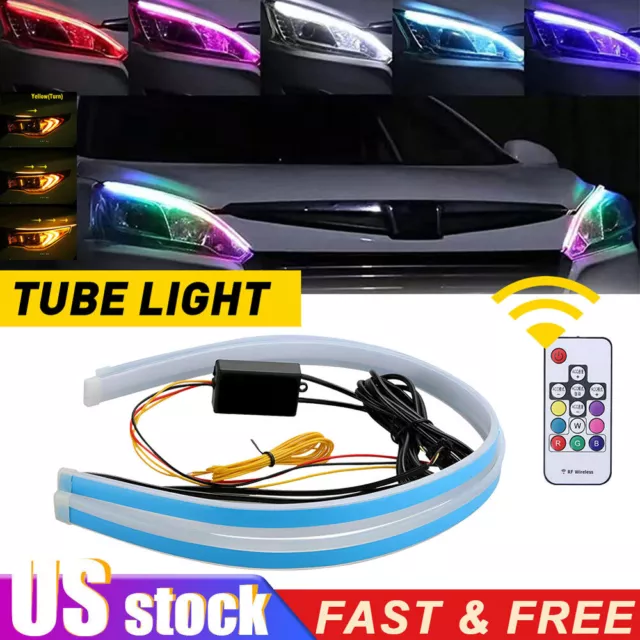 2Pcs RGB LED Switchback DRL Tube Light Strip Sequential Flow Turn Signal Remote