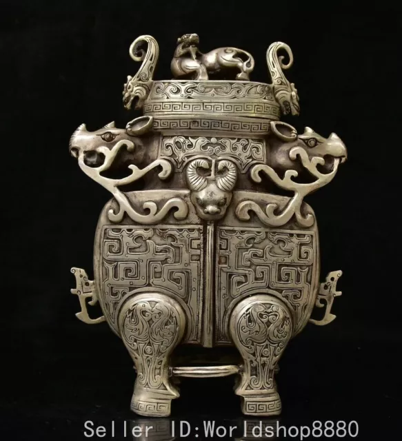 10.4" Ancient China White Copper Fengshui Beast Rhino Head Handle Incense Burner
