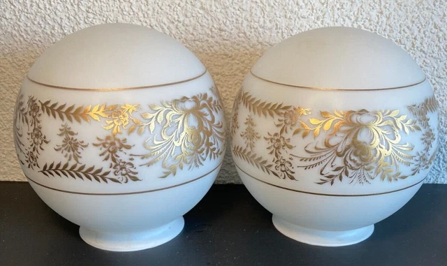 Pair VTG Hollywood Regency Deco Glass Round White And Gold Globe Light Covers