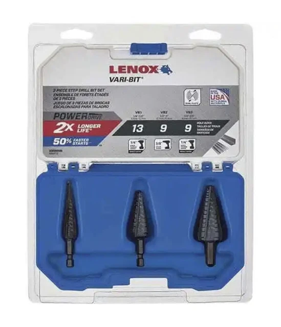 Lenox 1/8 to 1" Oxide Finish HSS Step Drill Bit Set 3 Piece Split Point