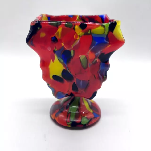 Vintage Kralik Czechoslovakia 5-3/4" Spatter Knuckle Square Glass Bowl Vase Red