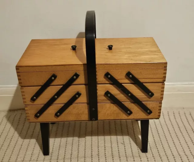 Vintage Wooden 3 Tier Cantilever Sewing Box Basket With Legs Storage Old Design