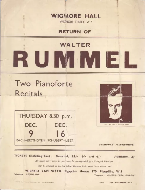 Concert Recital Programme 1937  Wigmore Hall Piano Walter Rummel