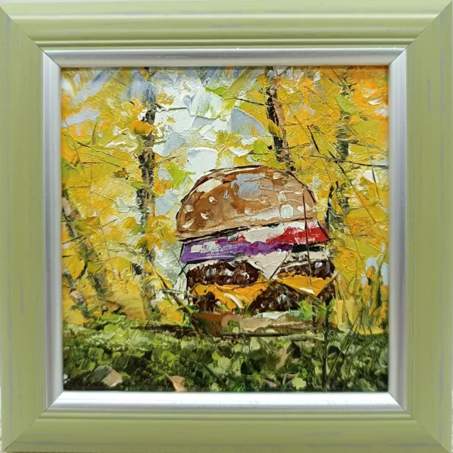 Original oil painting burger painting  Fast Food  Mini Art Funny painting 4x4 in