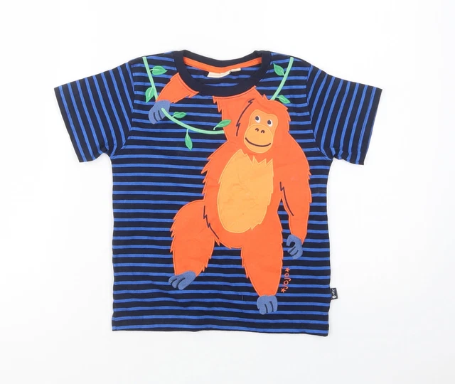 JoJo Maman Bébé Girls Blue Striped Cotton Pullover T-Shirt Size 5-6 Years Crew