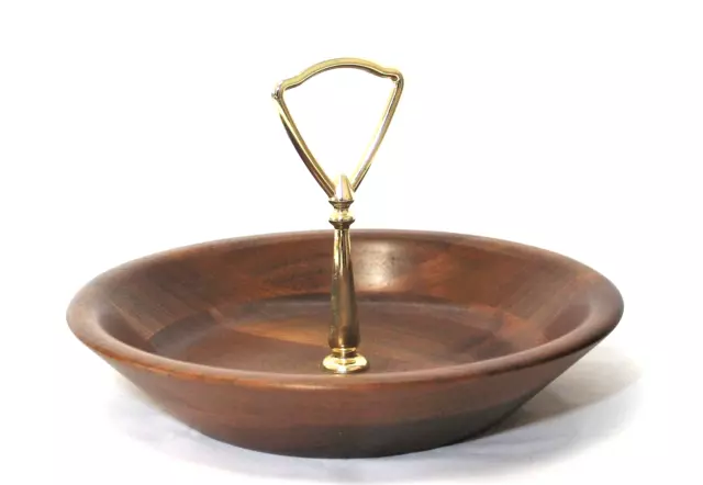 Vintage Bowl Walnut Wood Center Handle Round Dish MCM