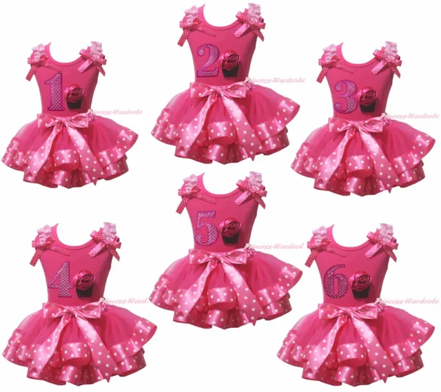 Birthday 1ST 2ND 3RD 4TH Cupcake Hot Pink Top Dots Satin Trim Skirt Girls NB-8Y