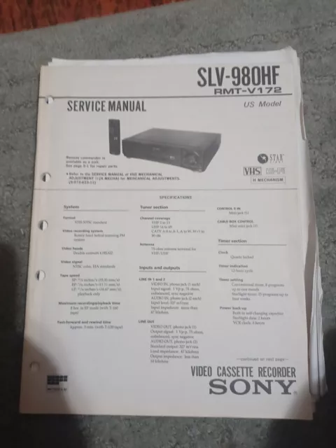 Sony SLV-980HF VCR  Factory Service Manual With Service Bulletins." Original*