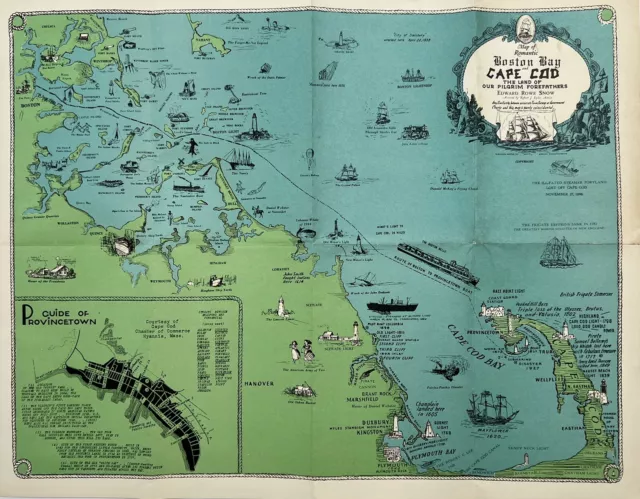 Original 1957s Romantic Map Boston Bay & Cape Cod,Provincetown Guide,Mass,MA,Old