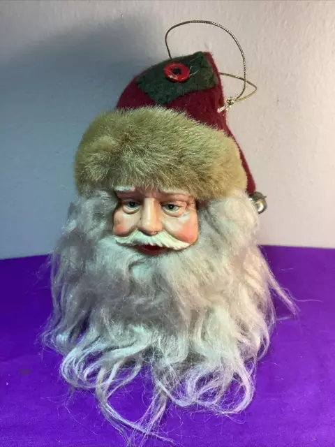 Rare Mid Century CELLULOID FACE SANTA HEAD Ornament FABRIC BEARD & HAT      XX25