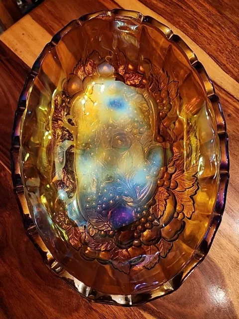 Indiana Harvest Grape Iridescent Amber Oval Footed Fruit Bowl Carnival Glass 12"