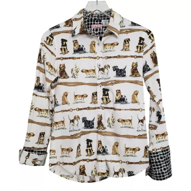 Camisa con estampado de perro Tizzie puños abatibles en contraste blanca para mujer talla pequeña