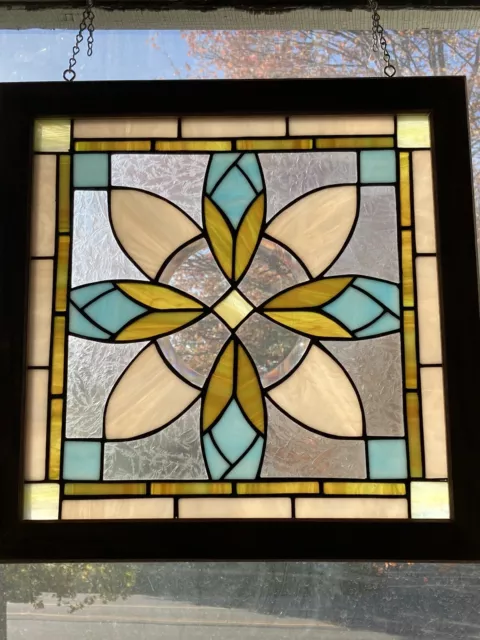 Stained Glass Rosebuds Tiffany Window Panel In Solid Wood Frame. Handcrafted USA