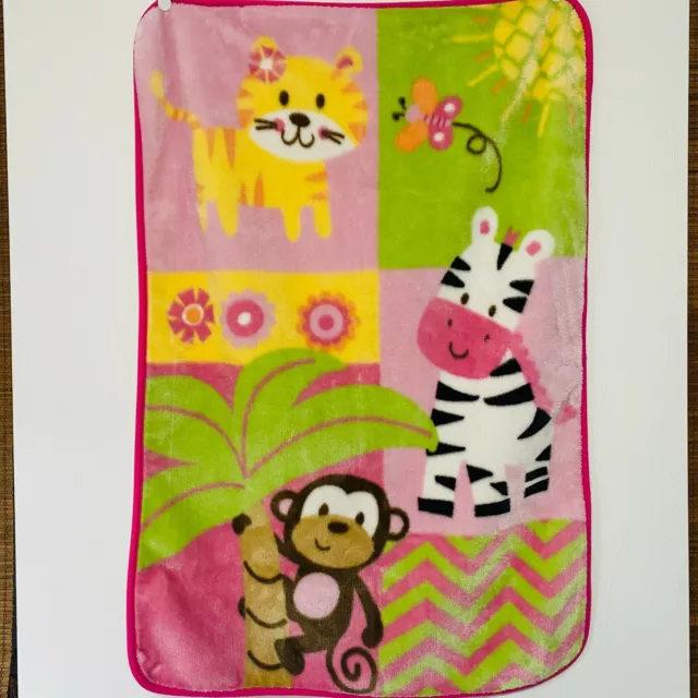 Garanimals Monkey Tiger Zebra Baby Blanket Pink Green Luxe Fleece Throw Jungle