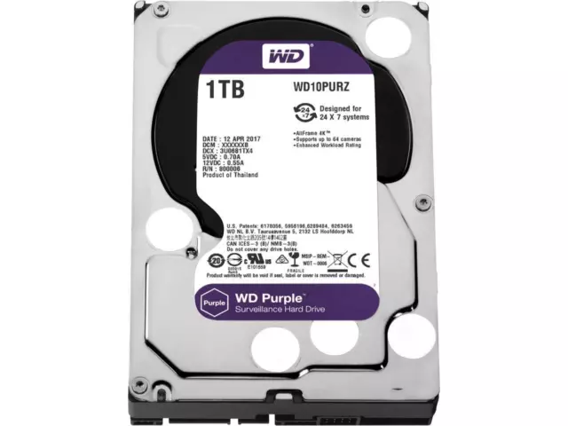 WD Purple WD10PURZ 1TB SATA3 HDD 3.5" 5400RPM 64MB Cache Surveillance Hard Drive