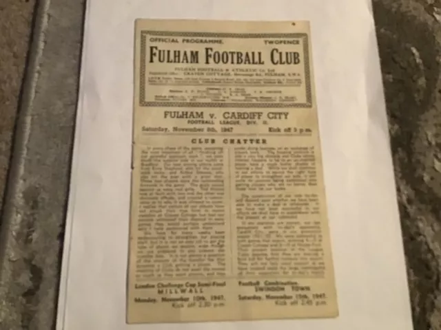 Fulham v Cardiff City Football Programme 8/11/1947.