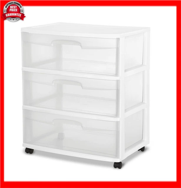 3 Drawer Rolling Wide Cart Clothing Towels Dresser Storage, Plastic, White