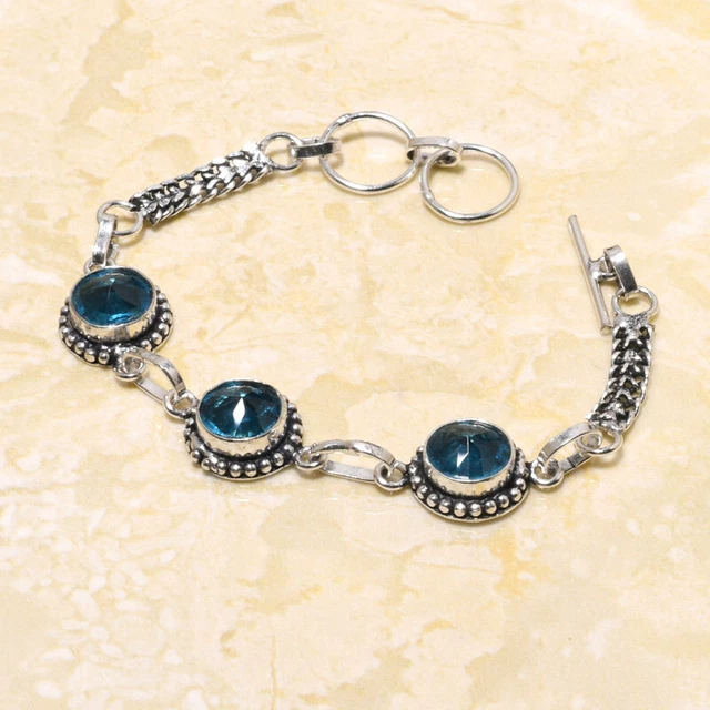 Swiss Blue Topaz Gemstone Handmade Gift Jewelry Bracelet 7-8" l285