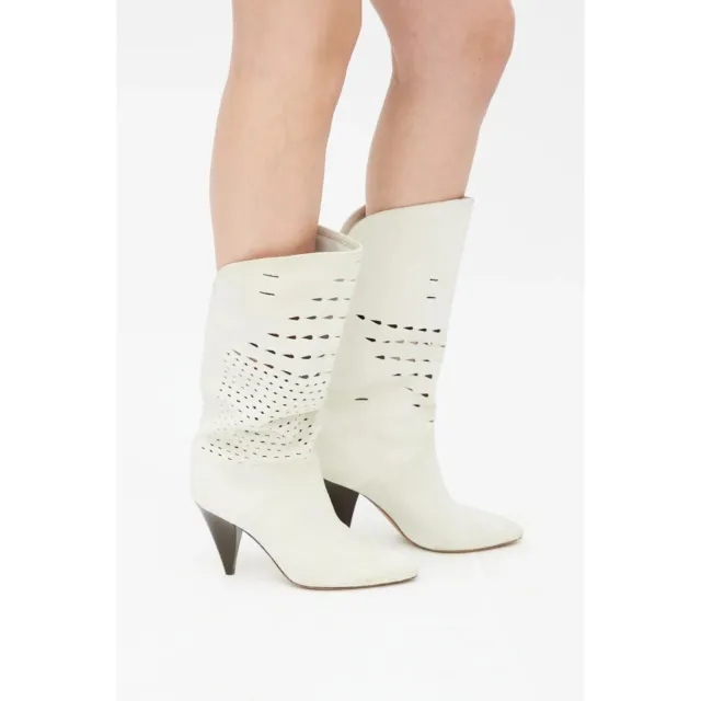 Isabel Marant Lurrey High Heeled Boots Cream Ivory Suede Laser Cut EU Size 37/7