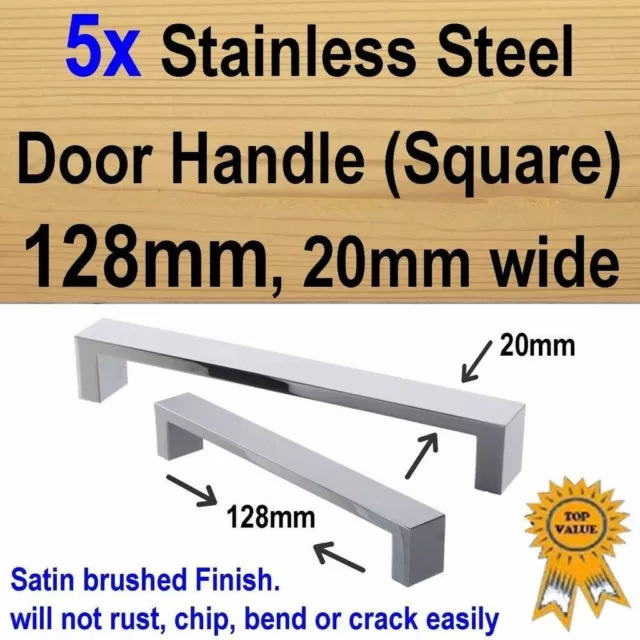 5x Cabinet Cupboard Drawer Door Handles - Stainless Steel 128mm 20mm square