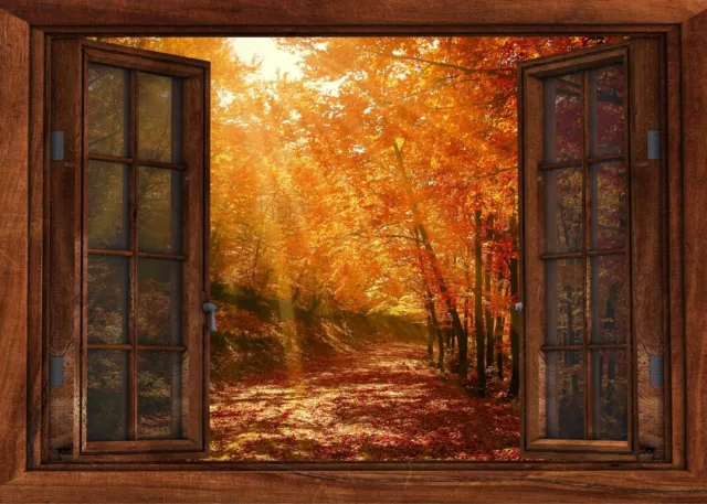 Wandbild Herbst Fototapete Poster Fensterblick Blätter bunt Stimmung FE170LI