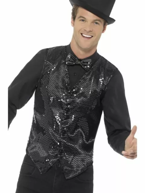 Noir Adulte Hommes Sequin Gilet Noël Costume Déguisement