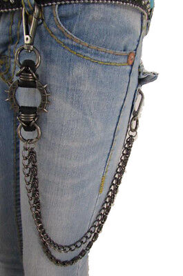 Men Metal Gunmetal Wallet Chains Long Strong Spike Biker Jeans Pewter Big Charm