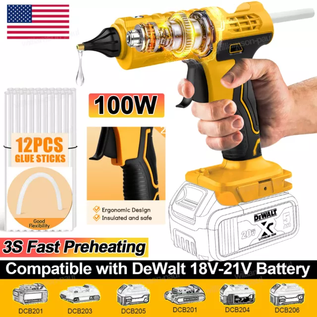 100W Cordless Electric Hot Glue Gun with 12x Glue Sticks for Dewalt 20V Battery