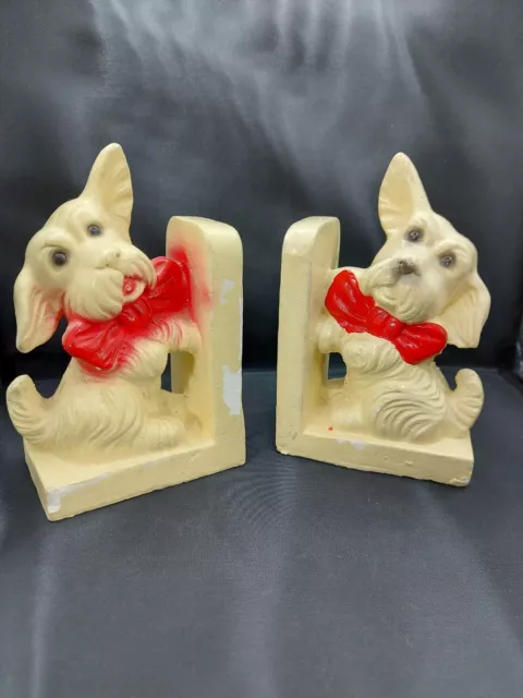 Vintage Creamy Yellow Chalkware Scottie/Westie Dogs Bookends