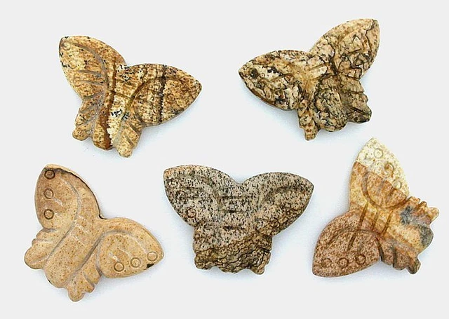 Three 1 1/5 x 4/5 Inch Picture Jasper Butterfly Top Center Drilled  Focal Bead