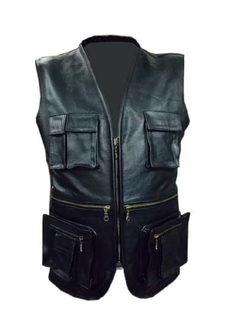 Uomo Stile Biker Gilet Vero pelle di Mucca Nero Moto Gilet