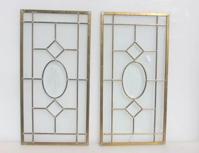 Late Vintage Stained Glass Brass Windows Panels Retro Old Pair 22x11"