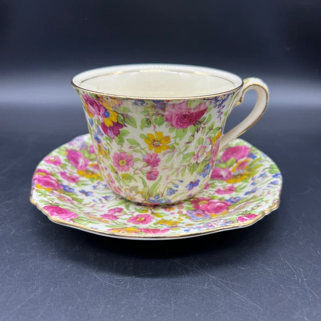 1940s Royal Winton Summertime Chintz 3 3/4” Tea Cup & Saucer Set Rose Grimwades