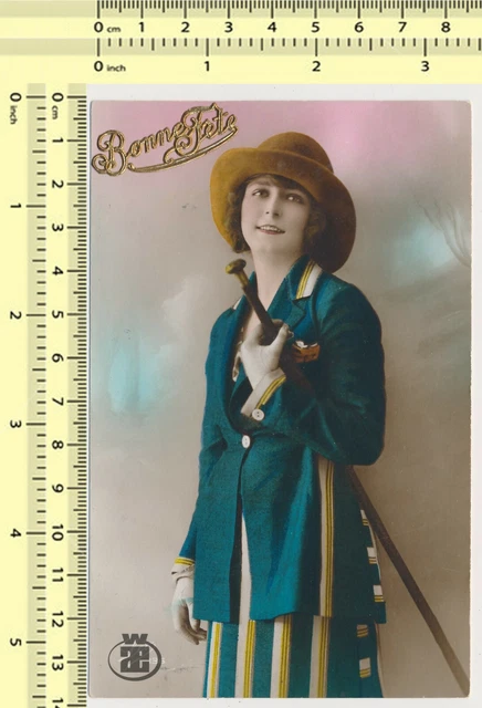 #051 BONNE FETE Woman Stick Lady Female Color Tinted Hand Colored old ...